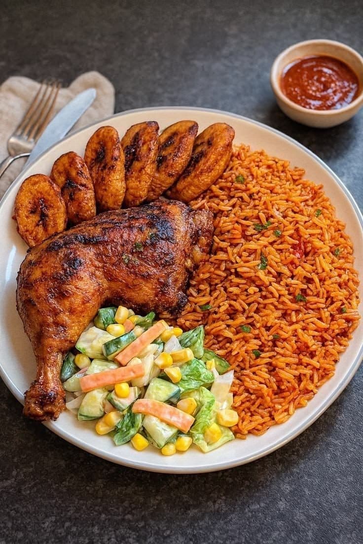 Cauli-blend jollof with chicken and plantain