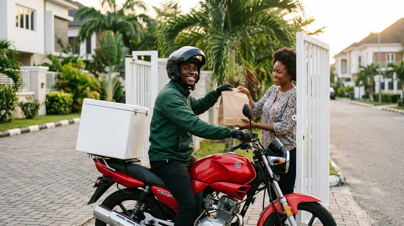 Delivery rider handing a meal bag to a customer at her gate