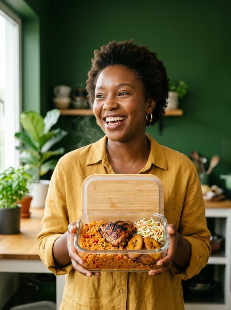 A smiling woman holding a Chop Lean jollof meal box